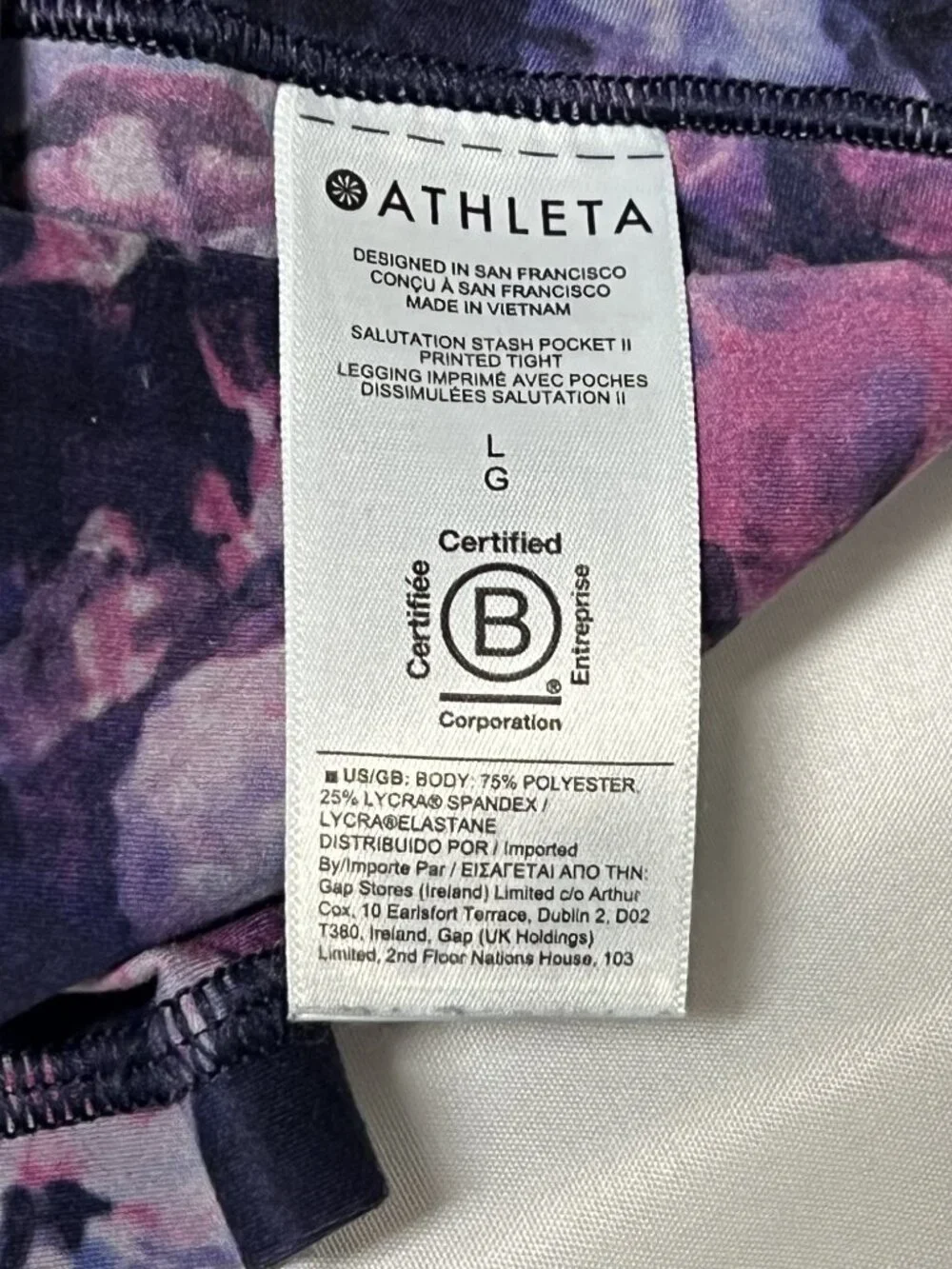 Athleta Salutation Stash Pocket II Printed 7/8 Tight Size L Purple Floral EUC - Picture 5 of 10